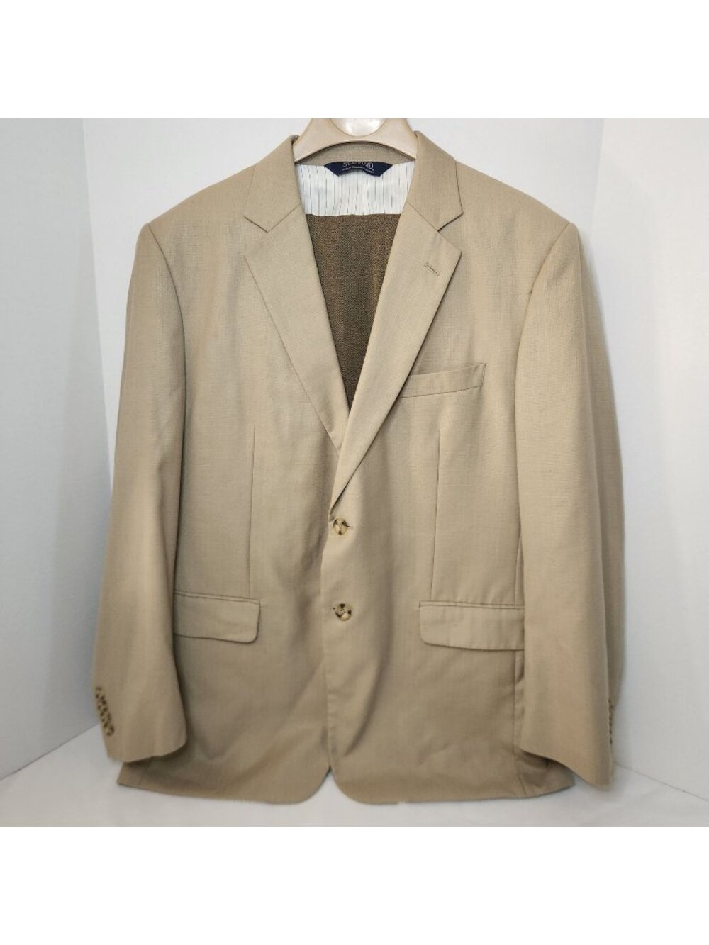Stafford Mens Beige Two-Button Blazer With Notched Lapel And Striped Lining - Cl